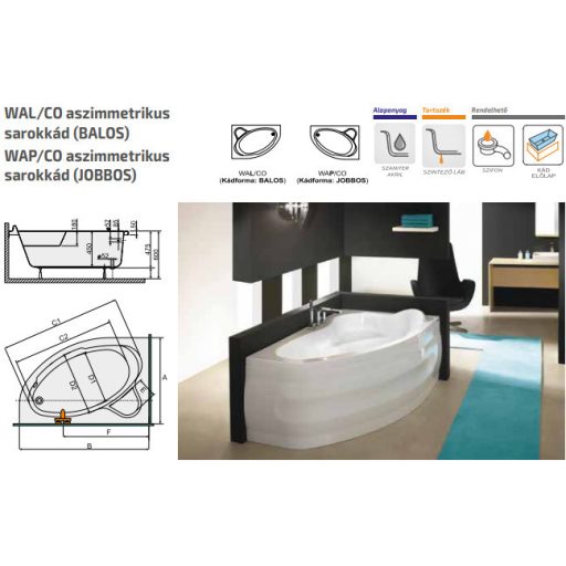Sanglass fürdőkád WAP/CO 100x150+ST5 lábbal